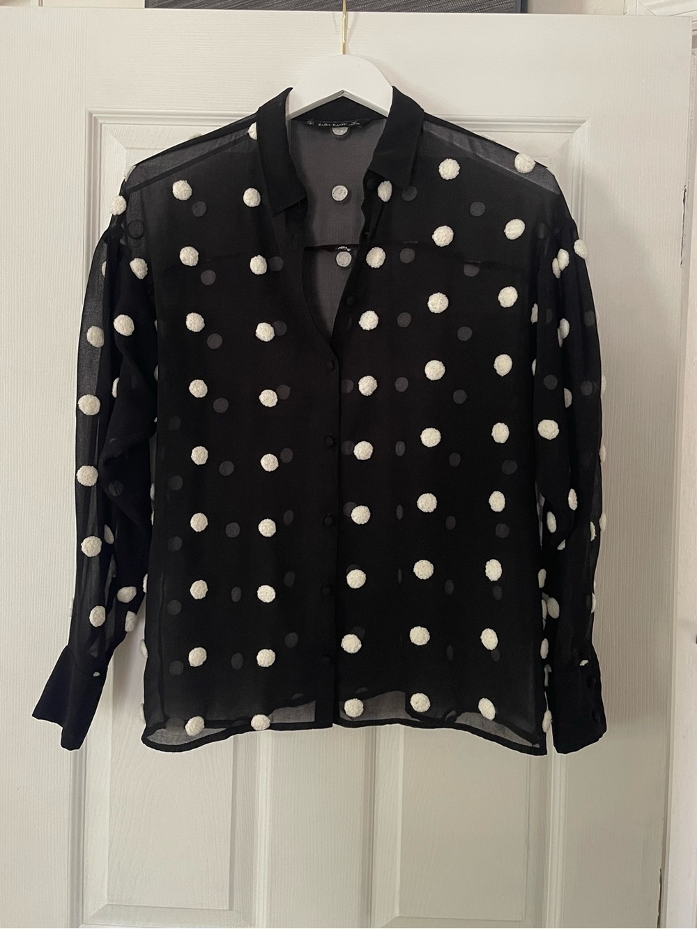 Zara Black Sheer Polka Dot Button Down Top Small